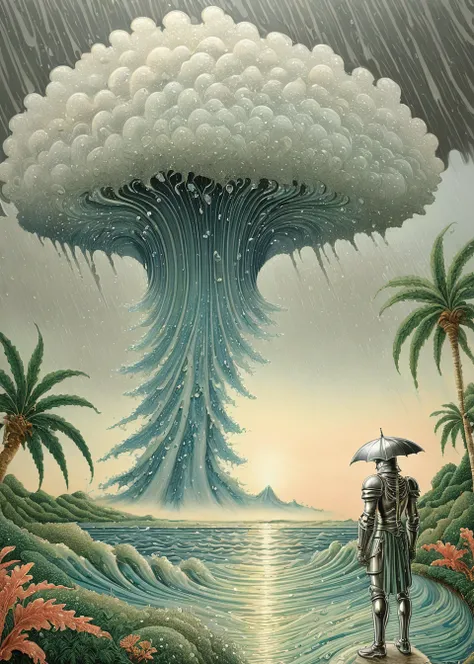 Surrealism, xlmrblng15-1300 magnificent male knight staring at a waterspout in a tropical landscape, (silver-tinted:0.5), very detailed, intricate, (raining:1.21)