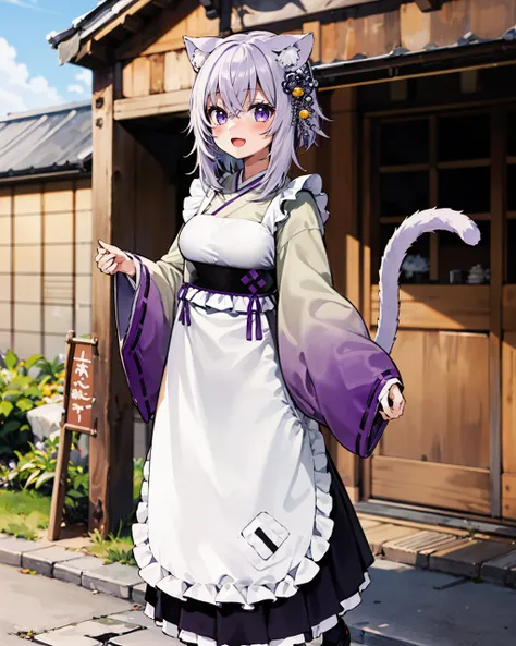 1girl, solo, full body, (medieval) [town], (cobblestone) [road], okayunewyears, wa maid, kimono, japanese clothes, wide sleeves, white apron, hair ornament, (tail, cat tail), :D<lora:nekomata okayu 6 outfits:1>