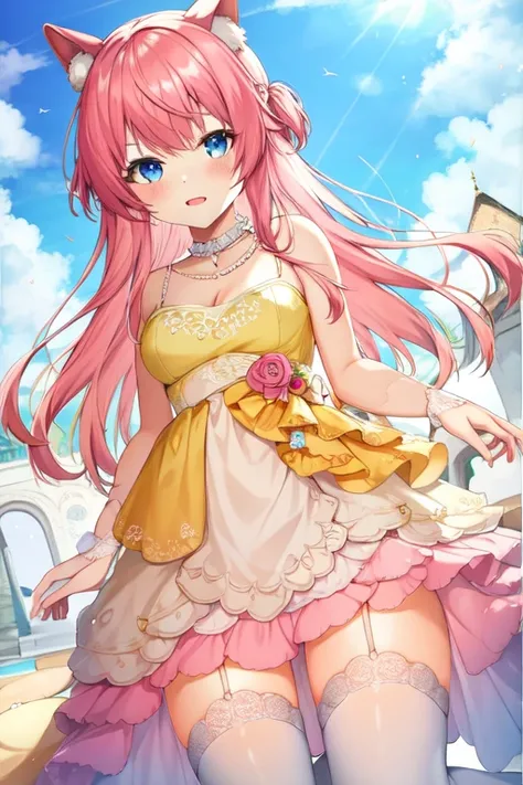 bridal, animal ears, day, cloud, frills, pink hair, pearl necklace, choker, frilled dress, blue eyes, thighhighs