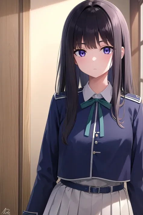 takinainoue, <lora:takinainoue-lora-nochekaiser:1>, 
inoue takina, long hair, bangs, black hair, (purple eyes:1.2),
BREAK shirt, long sleeves, dress, ribbon, school uniform, white shirt, collared shirt, belt, neck ribbon, blue dress, green ribbon, pleated ...