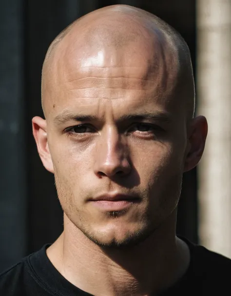 face photo, 28 y.o man John, bald, wearing black shirt, standing, looks away, natural skin, daylight, (cinematic, film grain:1.1)