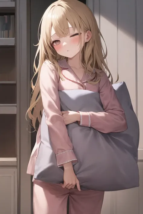 masterpiece, best quality, absurdres, ultra-detailed, indoors, 
1girl, solo, sleepy, standing, blush
<lora:pillow_v1-000010:1>, holding pillow, pajamas, head tilt,