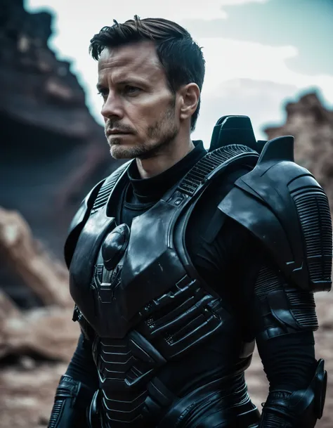 34 y.o man wearing black sci-fi armor, standing, looks away, alien planet, ruins, natural skin, (cinematic, film grain:1.1)