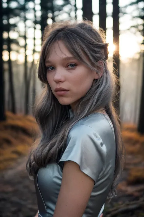 [face closeup of : : 0.2] lesydx wearing an [elegant: : 0.5] silver dress, looking at camera, foggy forest at sunset, long hairdo, <lora:LeSydx_v1_5_locon_96_96:1>