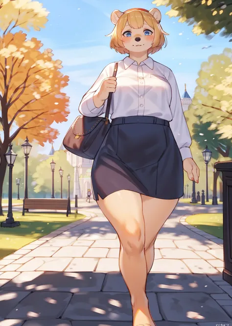 by bebebebebe,(by kame 3:0.5),by kishibe,(by personalami:0.4),best quality,masterpiece,(russia,park),walking,adult,solo,female,bear,(slightly chubby:0.7),short hair,blonde hair,red hairband,pencil skirt,office shirt,beige body,blue eyes,handbag,looking at ...