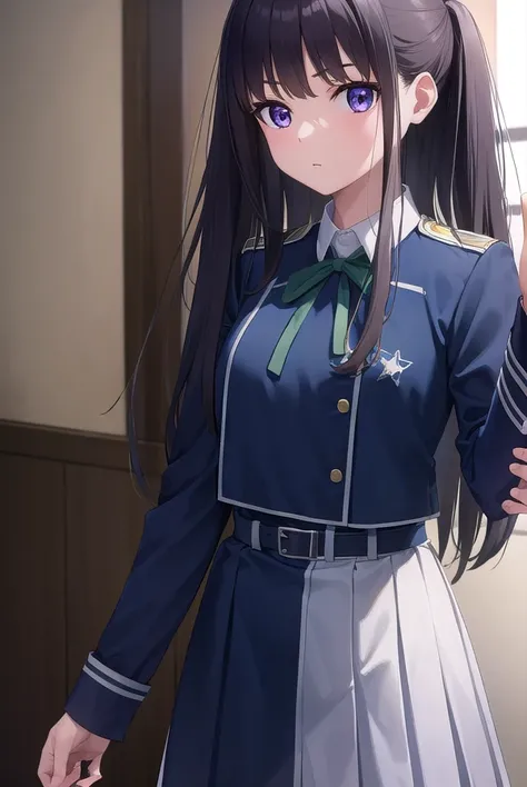 takinainoue, <lora:takinainoue-lora-nochekaiser:1>, 
inoue takina, long hair, bangs, black hair, (purple eyes:1.2),
BREAK shirt, long sleeves, dress, ribbon, school uniform, white shirt, collared shirt, belt, neck ribbon, blue dress, green ribbon, pleated ...