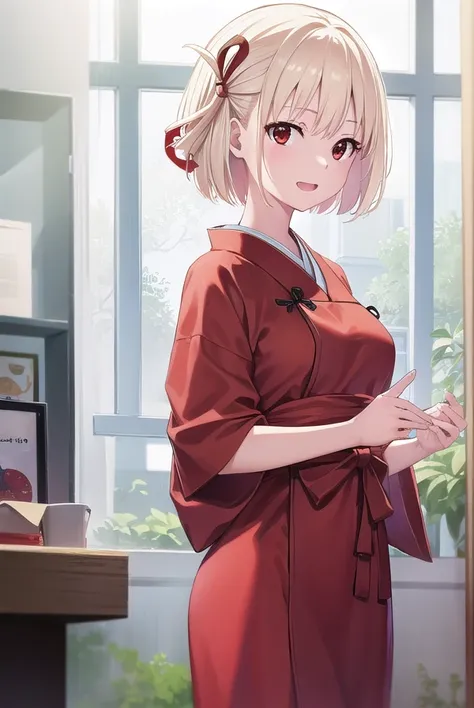 chisatonishikigi, <lora:chisatonishikigi-lora-nochekaiser:1>, 
nishikigi chisato, short hair, bangs, blonde hair, (red eyes:1.5), hair ribbon, one side up, bob cut, <lora:smirkingeye_v100:1>, <lora:smirkingmouth_v100:1> open mouth, smile,
BREAK japanese cl...