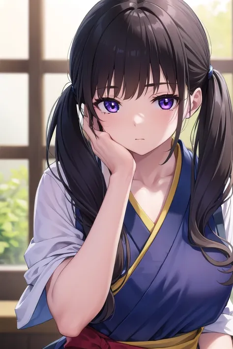 takinainoue, <lora:takinainoue-lora-nochekaiser:1>, 
inoue takina, long hair, bangs, twintails, black hair, (purple eyes:1.2),
BREAK japanese clothes, kimono, apron, waist apron, blue kimono, waitress,
BREAK indoors, cafe,
BREAK looking at viewer, (cowboy ...