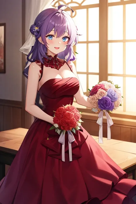 bridal, bouquet, long dress, cleavage, ahoge, :d, blue eyes, table, vase, purple hair, frills