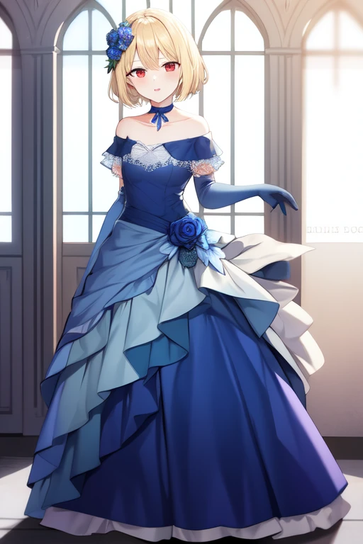 bridal, blue flower, white gloves, tail, short hair, blonde hair, choker, off shoulder, red eyes, full body, blue rose