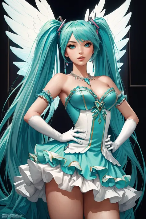 ((Masterpiece, best quality,edgQuality)),Hatsune Miku, aqua hair, twintail
ballgown,edgVS,  elbow gloves, necklace,  hands on hips ,wearing edgVS [lingerie|ballgown],wings
 <lora:edgVAgowns:0.8>