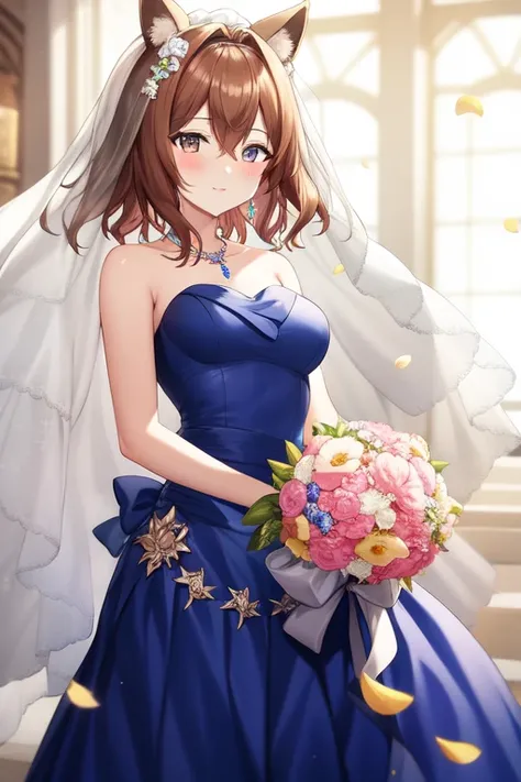 bridal, jewelry, brown hair, bouquet, earrings, necklace, petals, medium breasts, hair between eyes, animal ears, bridal veil