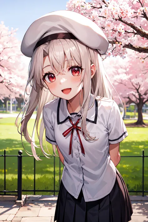 masterpiece, best quality, highres, aaillya, long hair, beret, white headwear, small breasts, school uniform, neck ribbon, white shirt, collared shirt, short sleeves, black skirt, <lora:illyasviel_von_einzbern_(fate_kaleid_liner)_v1:0.7>, cherry blossoms, ...