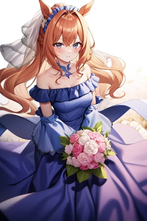 bridal, frills, very long hair, horse ears, horse girl, POV, closed mouth, off-shoulder dress, horse tail, holding bouquet, hair intakes