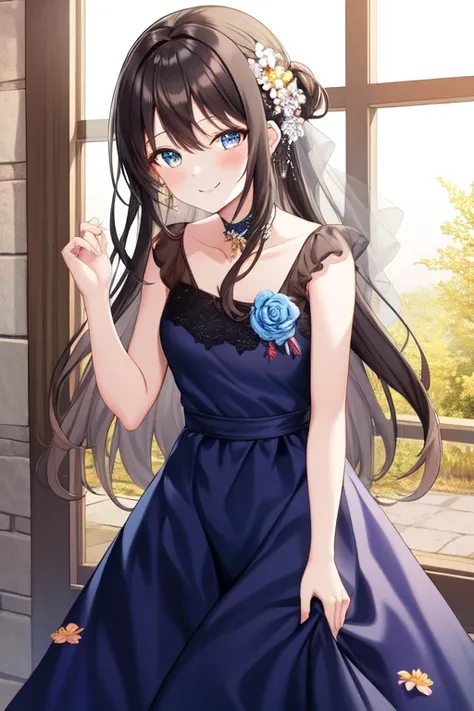 bridal, 1girl, solo, looking at viewer, bare shoulders, flower, long hair, blush, smile, hair ornament, black hair