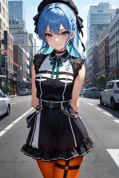 masterpiece, best quality, absurdres, perfect anatomy, SuiseiStreet, long hair, half updo, black beret, black dress, collared dress, sleeveless, bow earrings, lace choker, neck ribbon, black belt, orange pantyhose, o-ring thigh strap, single garter strap, ...