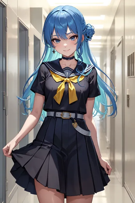 masterpiece, best quality, absurdres, perfect anatomy, SuiseiSchool, long hair, half updo, black serafuku, black shirt, black choker, yellow bowtie, grey belt, black skirt, short sleeves, hallway, school, leaning against lockers, smile, <lora:HoshimachiSui...
