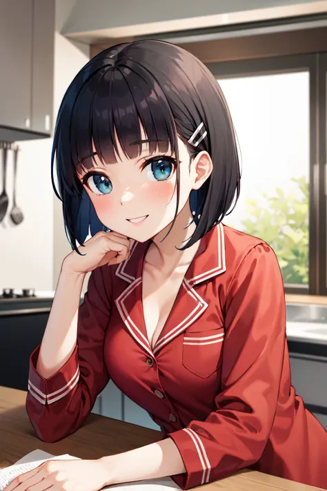 masterpiece, best quality, highres, aasugu, short hair, hairclip, cleavage, pajamas, red shirt, dress shirt, bare legs, <lora:ki...