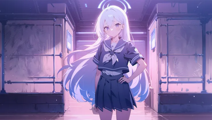 1girl, solo, <lora:BArtstyleREv3-Silicon29-Lion:0.8>, 1girl, solo, white hair, long hair, multicolored hair, school uniform, sweater, short sleeves, pleated skirt, standing, hand on hips, cropped legs, cowboy shot,, purple theme, indoors, sci-fi, screen,