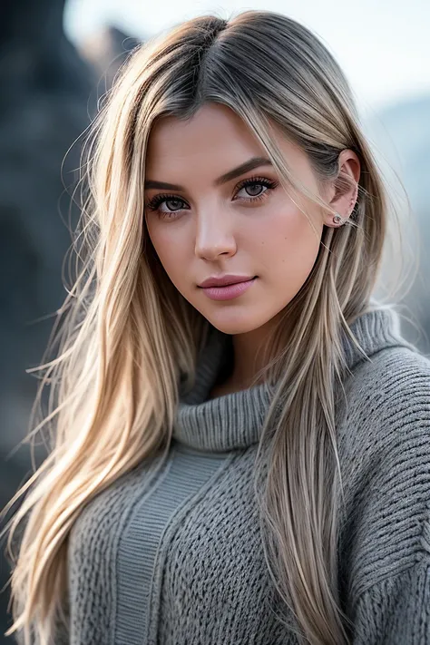 photo of beautiful (alissav10l3t:0.99), a woman in a (cave:1.1), perfect hair, wearing (outerwear), (sweater), modelshoot style, (extremely detailed CG unity 8k wallpaper), professional majestic (photography by  garry winogrand:1.1), (Sony a9 II Mirrorless...