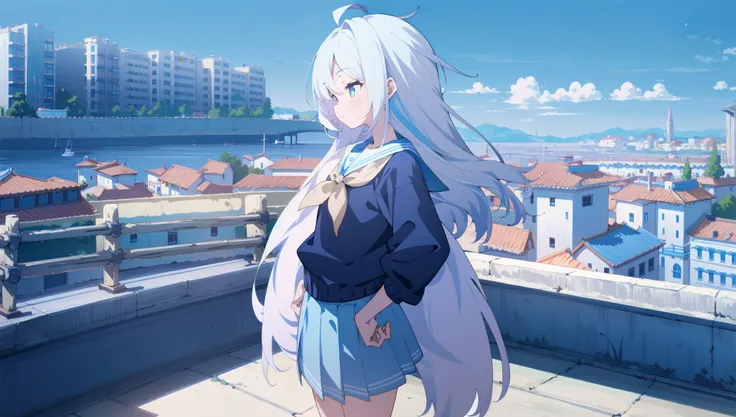 1girl, solo, <lora:BArtstyleREv3-Silicon29-Lion:0.8>, 1girl, solo, white hair, long hair, multicolored hair,  school uniform,  sweater, short sleeves, pleated skirt, standing, hand on hips, cropped legs, cowboy shot,, blue sky, day, outdoors, modern buildi...