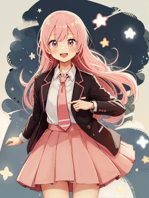 (masterpiece,best quality,highest quality,best anatomy:1.3),<lora:|$TLoHA_V2:0.8>,1girl,pink skirt,skirt,solo,long hair,shirt,pink hair,necktie,looking at viewer,jacket,white shirt,smile,white background,plaid,simple background,pink eyes,collared shirt,ope...