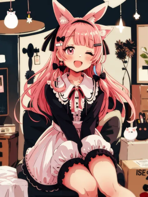 (masterpiece,best quality,highest quality,best anatomy:1.3),<lora:|$TLoHA_V2:0.8>,1girl,one eye closed,animal ears,pink hair,solo,jewelry,smile,earrings,hair ornament,blush,long hair,stuffed toy,open mouth,black bow,looking at viewer,stuffed animal,bow,lon...