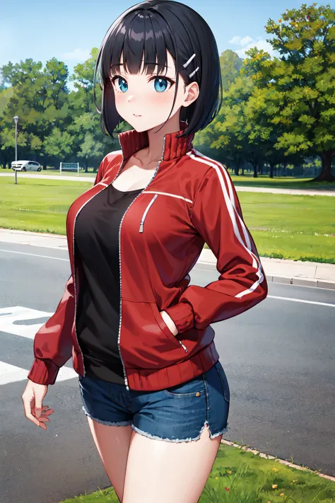 masterpiece, best quality, highres, aasugu, short hair, hairclip, large breasts, track jacket, red jacket, black shirt, blue sho...