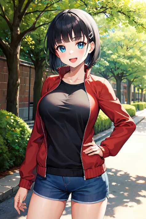 masterpiece, best quality, highres, aasugu, short hair, hairclip, large breasts, track jacket, red jacket, black shirt, blue sho...