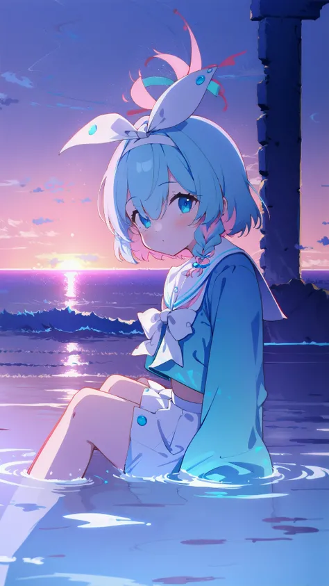 blue sky, 1girl, solo, <lora:BArtstyleREv3-Silicon29-Lion:0.9>, sitting, ruins, cloud, water, pink theme, sunset, wading, white background, ocean,  <lora:chara-arona-v1:0.8> arona, 1girl, white hairband, bow hairband, halo, short hair, single braid, serafu...