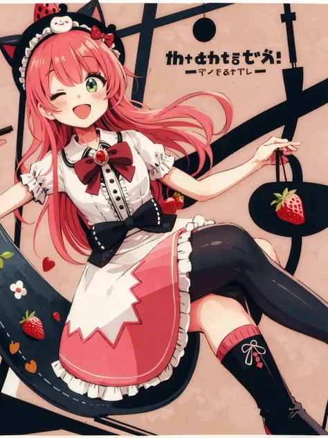 (masterpiece,best quality,highest quality,best anatomy:1.3),<lora:|$TLoHA_V2:0.8>,1girl,solo,one eye closed,checkerboard cookie,long hair,cookie,food,pink hair,green eyes,;d,tail,open mouth,smile,strawberry,fork,boots,bow,fruit,hat,ahoge,candy,thighhighs,c...