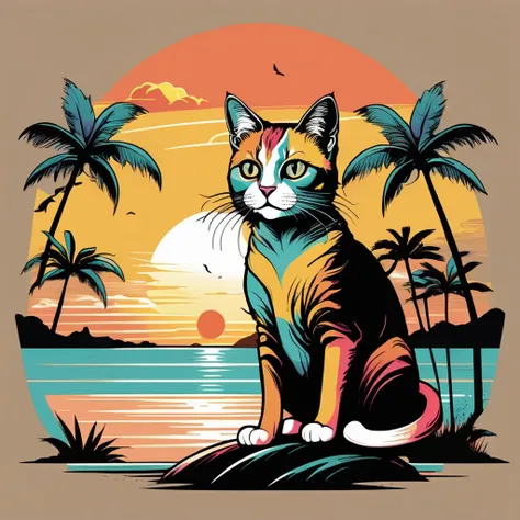 Illustrated T-shirt, Whimsical Cat Character, Sunset Beach Landscape, Tropical Color Palette, Fabric Texture, Bold Lineart, Dynamic Perspective ,
,T shirt design,TshirtDesignAF,
<lora:TShirtDesignRedmondV2-Tshirtdesign-TshirtDesignAF:1>