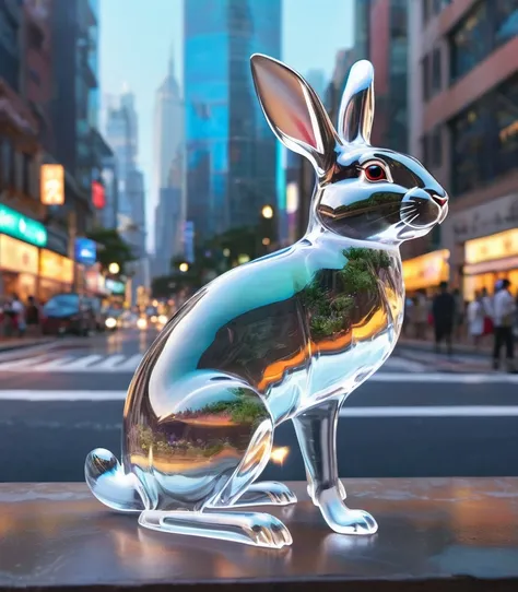 realistic glasssculpture of a rabbit, translucent, transparent, detailed cityscape background, street, reflections. cgsociety masterpiece, flowers everywhere, artstation trending, by rossdraws, ghibli, Kimi no Na wa, greg rutkowski <lora:sdxl_glass:1>