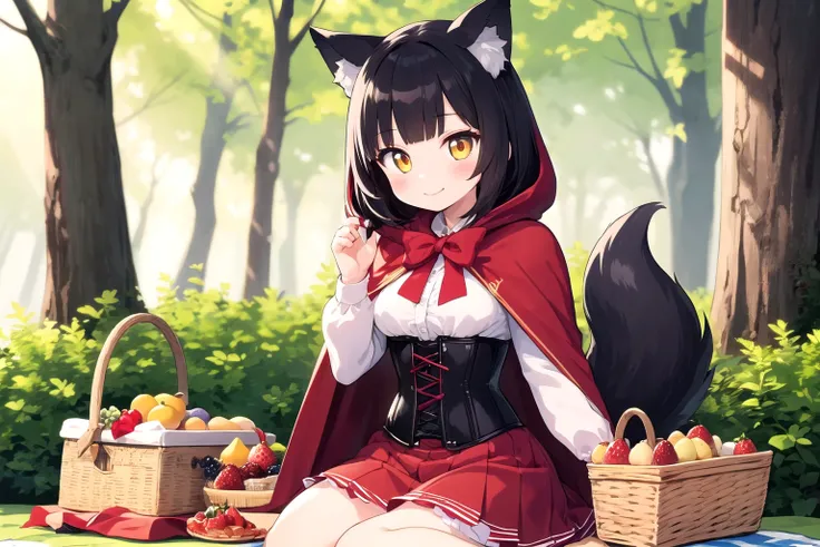 1girl,solo,kawaii,wolf girl,black hair,RedHoodWaifu,(red hood, cape, corset, dress, red skirt),fruit basket,smirk,forest,dappled sunlight,picnic basket,picnic sheet,