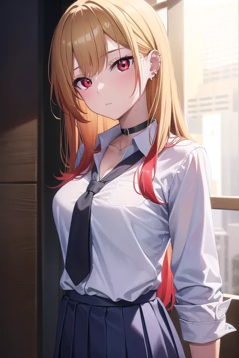 marinkitagawa, <lora:marinkitagawa-lora-nochekaiser:1>, 
marin kitagawa, blonde hair, choker, ear piercing, earrings, long hair, piercing, (red eyes:1.5), straight hair, swept bangs,
BREAK black necktie, long sleeves, pleated skirt, school uniform, shirt, ...