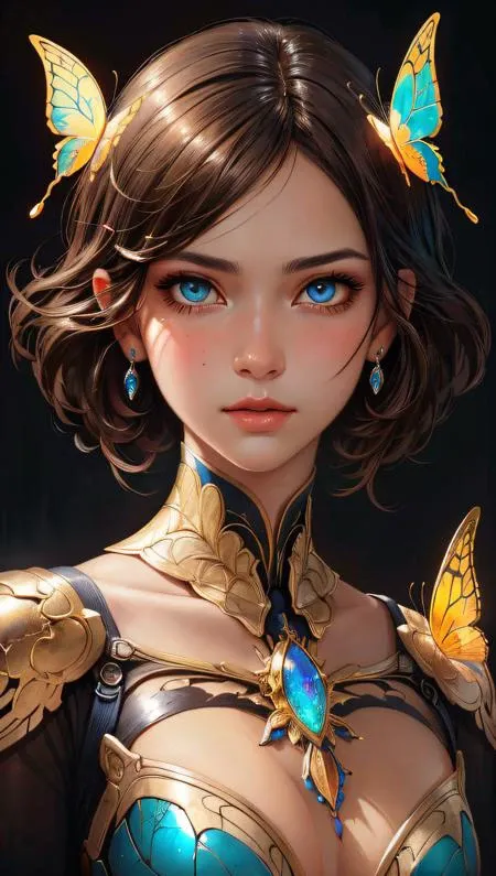 (Perfect face) 8k portrait of beautiful cyborg with brown hair, intricate, elegant, highly detailed, majestic, digital photography, art by artgerm and ruan jia and greg rutkowski surreal painting gold butterfly filigree, broken glass, (masterpiece, sidelig...