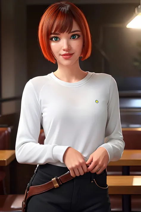 yorumac, <lora:yorumacv2-lora-nochekaiser:1>, yoru mac, short hair, bangs, (black eyes:1.5), blunt bangs, orange hair, bob cut, smile, (bright pupils:1.5), BREAK shirt, long sleeves, pants, sweater, grey pants, BREAK looking at viewer, (cowboy shot:1.5), B...