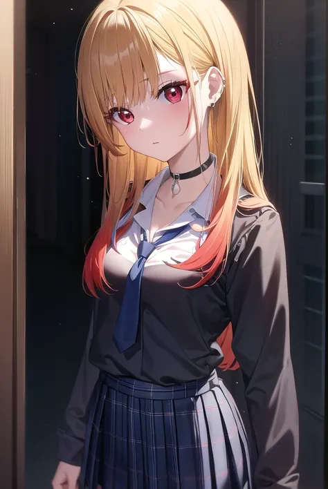 marinkitagawa, <lora:marinkitagawa-lora-nochekaiser:1>, 
marin kitagawa, blonde hair, choker, ear piercing, earrings, long hair, piercing, (red eyes:1.5), straight hair, swept bangs,
BREAK black necktie, long sleeves, pleated skirt, school uniform, shirt, ...