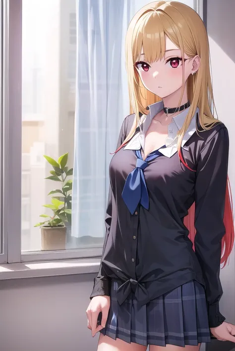 marinkitagawa, <lora:marinkitagawa-lora-nochekaiser:1>, 
marin kitagawa, blonde hair, choker, ear piercing, earrings, long hair, piercing, (red eyes:1.5), straight hair, swept bangs,
BREAK black necktie, long sleeves, pleated skirt, school uniform, shirt, ...