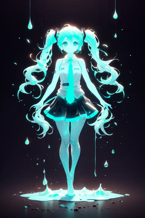 <lora:MintSlimeSkin-18:1.1>, <lora:kionantArtistStyle_v10:0.8>, mintslimeskin , luminescent translucent body ,
1girl, 
hatsune miku, skirt, necktie,