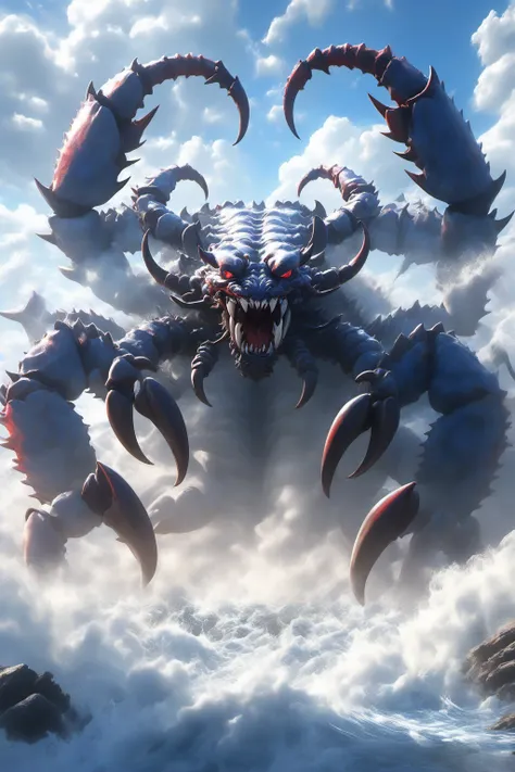 Hyperrealistic art BJ_Sacred_beast, Scorpion, open_mouth, red_eyes, outdoors, horns, sky, teeth, day, cloud, water, blue_sky, no_humans, bird, ocean, animal, cloudy_sky, sharp_teeth, claws, monster,
cinematic lighting,strong contrast,high level of detail,B...