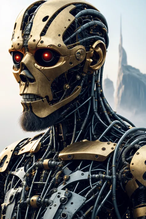 professional detailed photography, Bender with a beard, wind, gold, (official art), extreme detailed, highest detailed, monolith, black dress, strong light, backlighting, withered vegetation, thread, glass, cocoon, strong shadow, close-up, fog, futuristic ...