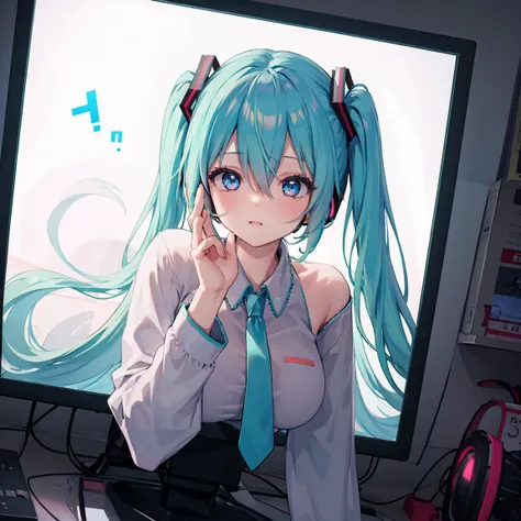 <lora:ThroughScreenStuckMonitorUpperBodyV3:1>,
through screen, stuck, monitor,  1girl, breasts,  solo,hatsune miku, looking at viewer, hair between eyes, shirt, very long hair, bangs, , long sleeves, upper body, virtual youtuber,