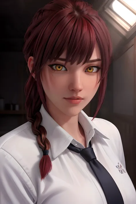 <lyco:epiCRealismHelper:.5> epiCRealism ,masterpiece, (photorealistic:1.4), best quality, beautiful lighting, (ulzzang-6500:0.5), makima (chainsaw man), (red hair)+(long braided hair)+(bangs), yellow eyes, golden eyes, ((ringed eyes)), (white shirt), (neck...