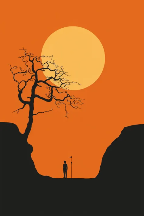 <lora:chahua:0.9>,ch,silhouette,tree,solo,moon,orange theme,outdoors,sun,orange background,orange sky,scenery,standing,1boy,1other,bare tree,