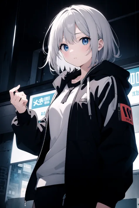 extremely detailed, detailed background, 1girl, solo, rain, beautiful light, dutch angle, cyberpunk, grey hair, medium hair, blu...