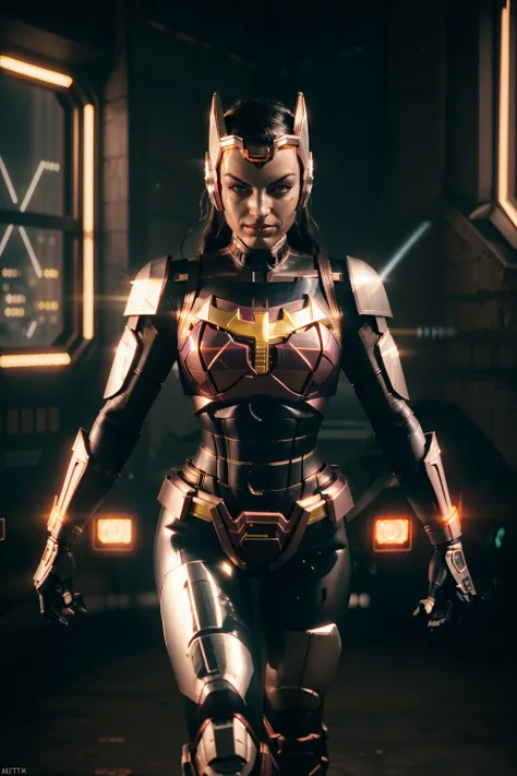 <lora:quiron_LauraAngel_v3_lora:0.91> <lora:quiron_Jaspion_v1_Lora:0.57>, (realistic), cyberpunk style,  cinematic photo, LauraAngelQuiron woman, Laura Angel, as cyberpunk JaspionQuiron character wearing (batgirl) armor with (metallic details) with rusty a...