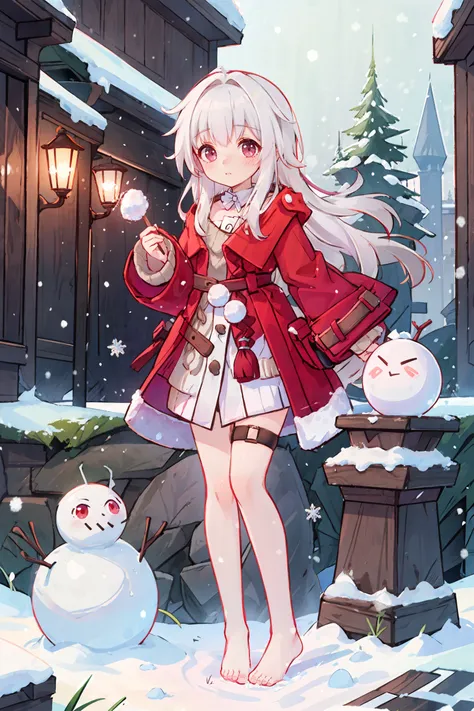 1girl, clara (honkai: star rail), solo, red eyes, full body, standing, looking at viewer, red coat, white dress, detached collar, sweater, snow, outdoors, snowman, light smile, barefoot, thigh strap