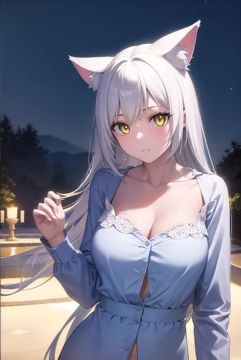 hanekawatsubasa, <lora:tsubasahanekawa-lora-nochekaiser:1>, 
hanekawa tsubasa, long hair, animal ears, cleavage, (yellow eyes:1.2), white hair, fang, cat ears, cat girl, slit pupils,
BREAK pajamas,
BREAK outdoors, night, sky, moon,
BREAK looking at viewer,...