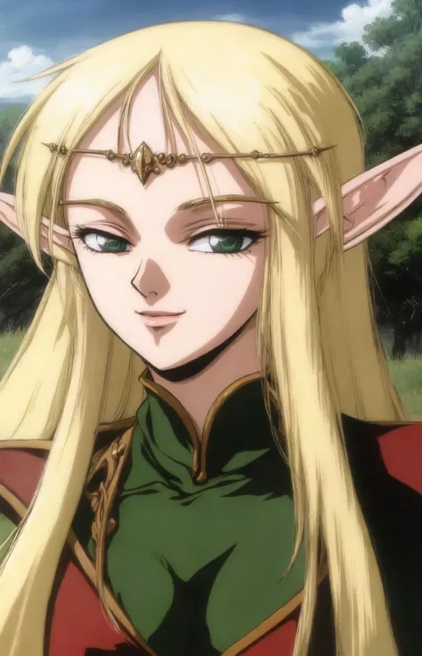 deedlit, record of lodoss war, 1girl, solo, long hair, looking at viewer, smile, bangs, blue eyes, blonde hair, green eyes, outdoors, sky, day, pointy ears, tree, half-closed eyes, elf, portrait, nature, close-up, circlet, retro artstyle, 1990s (style), 19...